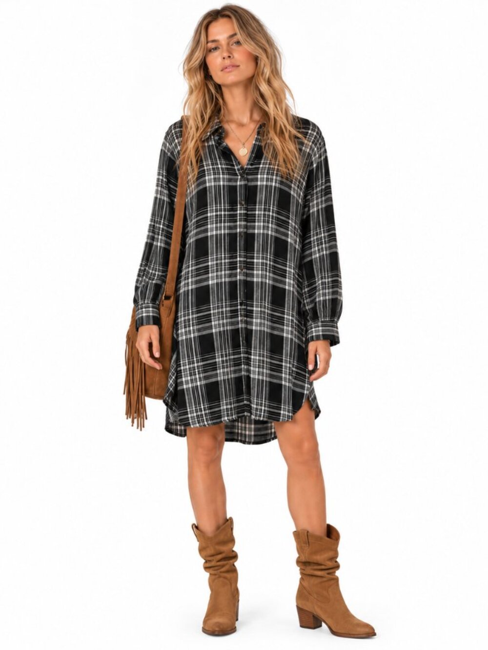 Lou & Grey‎ Shirt Dress Womens M Black White Plaid Viscose Button Front Boho